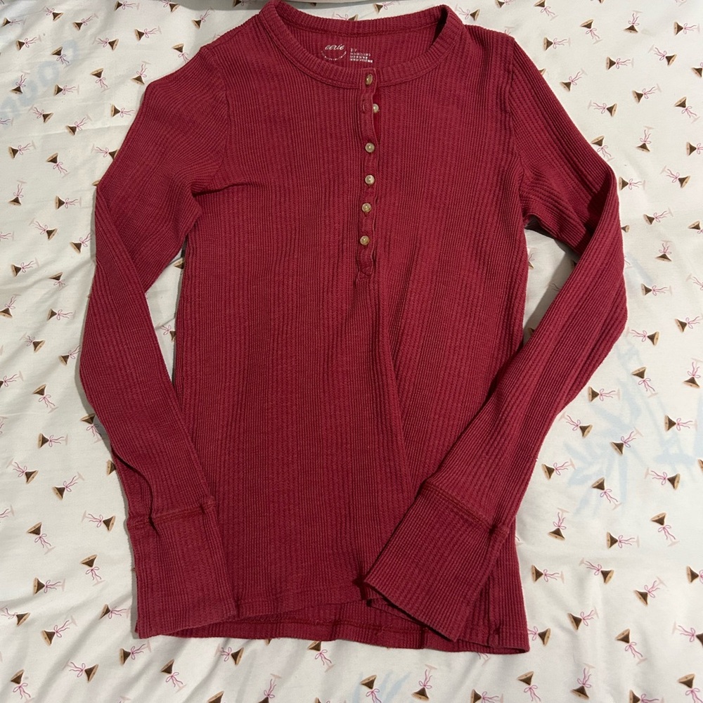 American Eagle Outfitters Ribbed Henley Long Sleeve Top - VINTAGE